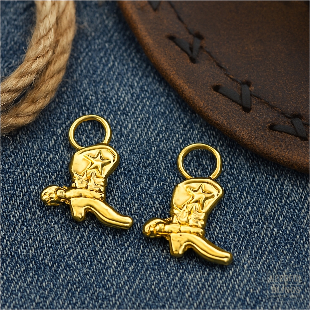 🐎 Vintage Gold-Tone Cowboy Boot Charms Pair | Double-Sided Western Star & Spur